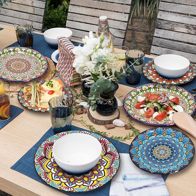 100PCS Boho Paper Plates 7Inch & 9Inch, Vintage Bohemian Disposable Dinnerware Plates for Birthday Gatherings Holiday Favor Baby Shower Party Supplies,50 Guests(Blue,Green,Red,Pink)