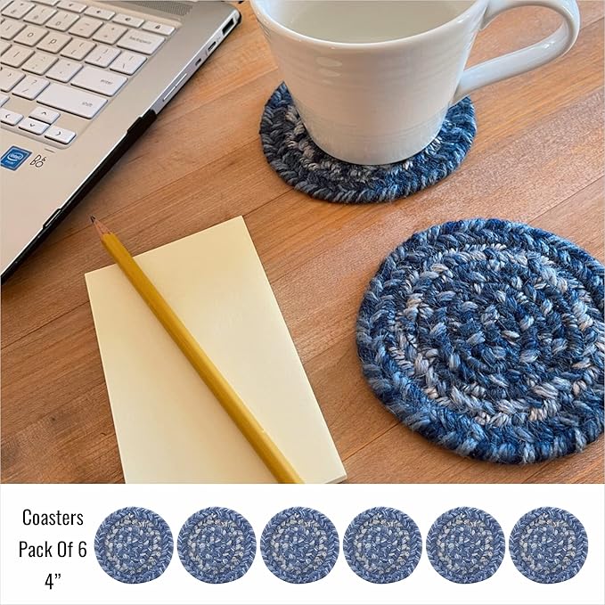 Homespice Denim Jute Woven Coasters 4", Country Coastal Decor, Set of 6, Blue - Durable, Absorbs Moisture, Easy to Clean and Protects Furniture