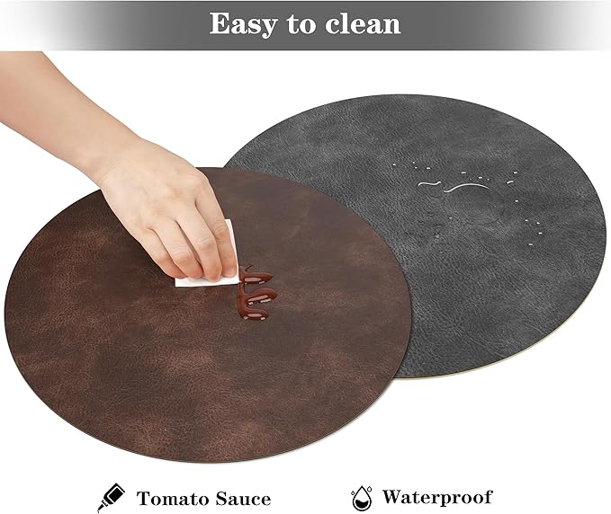 Round Placemats and Coasters Set of 4, Washable Reversible Faux Leather Placemats Cowhide Pattern Place Mats Wipeable Non-Slip 15 inch Round Kitchen Dining Table Mats (Gray Dark Coffee, 4)
