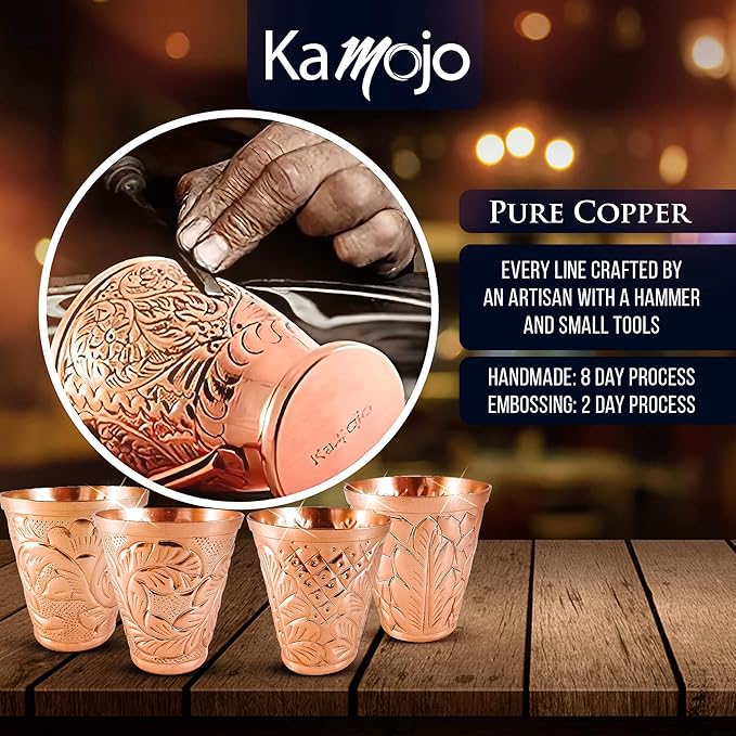 Pure Copper Shot Glasses (Set of 4) - Moscow Mule Drinking Shot Glass for Home, Kitchen, Bar - Barware Drinking Glass for Tequila Vodka Cocktail Shooters - Custom Embossed Metal Drinkware Gift
