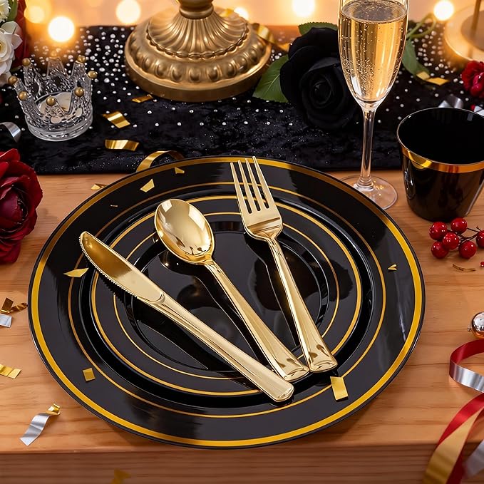 WELLIFE 210PCS Black and Gold Plastic Plates - Plastic Dinnerware Set for 30 Guests,Include 30 Dinner Plates, 30 Dessert Plates, 30 Black Cups 9 OZ, 30 Pre Rolled Napkins with Gold Silverware