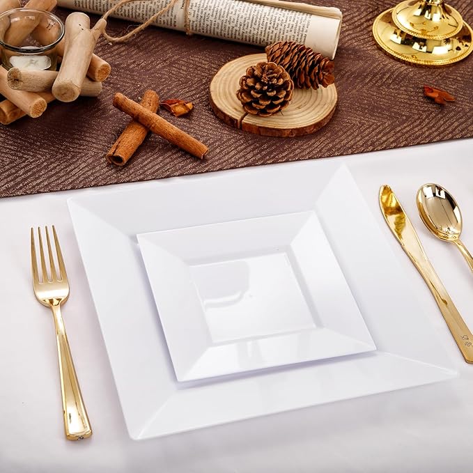Liacere 100PCS White Square Plastic Plates - 50PCS Heavy Duty 9.5inch Dinner Plates and 50PCS 6inch Dessert Plates - Durable Fancy White Disposable Plates for Party & Wedding