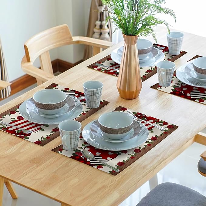 Red Hearts Placemats - Love Place Mats Set of 4 Rose Flower Tablemats 12x18 for Dining Kitchen Farmhouse