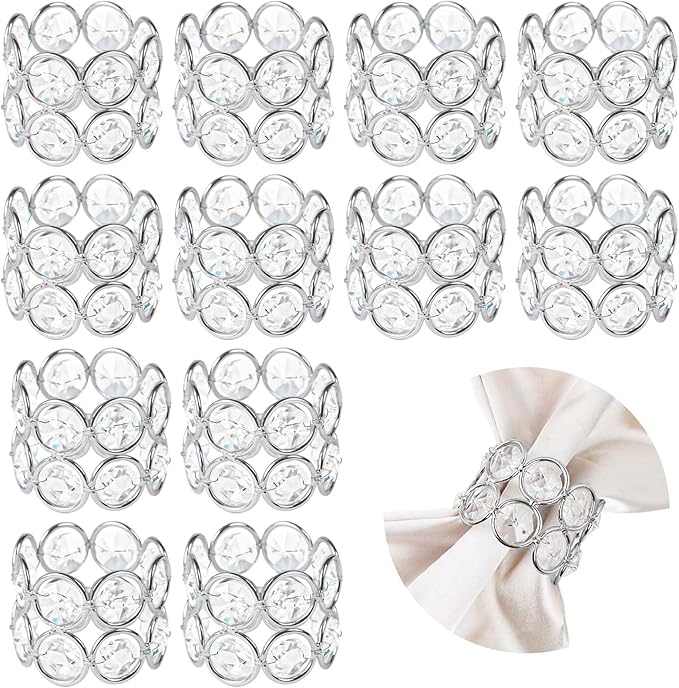 Crystal Metal Napkin Rings Set, Elegant Wedding/Party Table Decor, Shiny Holiday Dinner Accessories Bulk, Bridal Shower Gift, Anniversary, Christmas, Home Decor Essentials (Silver, 12-Pcs)
