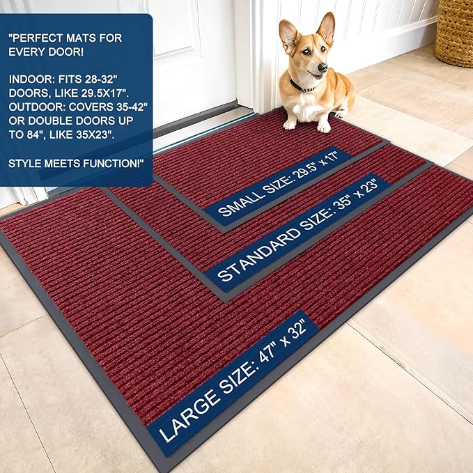 OLANLY Front Door Mat Indoor Outdoor Entrance, Waterproof Heavy Duty Doormat, Fade Resistant, Low Profile, Easy Clean Patio Porch Welcome Floor Mats for Entry, 33x21, Wine Red