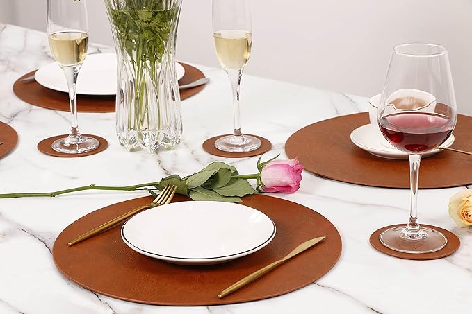Embossed PU Leather Placemats, Waterproof Coffee Coasters, Kitchen Table Mats, Easy to Wipe Off for Dining Round Table
