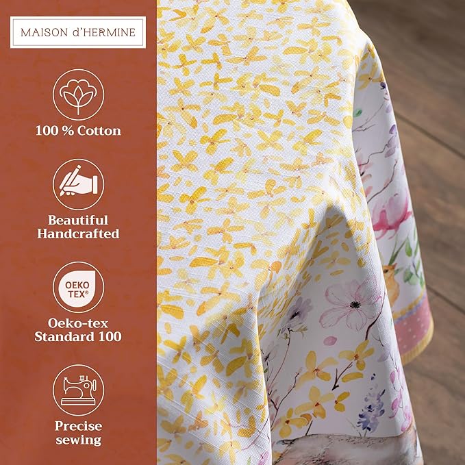 Maison d' Hermine Table Cloth Round Table 100% Cotton 63 Round Inches Tablecloth Reusable Decorative for Dining Room Farmhouse Home Valentines Day Decorations Spring Summer - Easter Zest