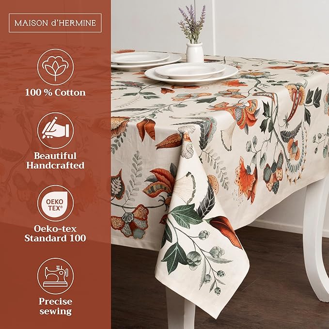 Maison d' Hermine Table Cloth Rectangle Table 100% Cotton 70 x 120 Inches Fall Tablecloth Reusable Everyday Use for Thanksgiving Christmas Decorations Dining Farmhouse Party (Dalida)