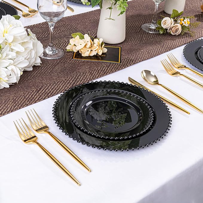 U-QE 60PCS Black Plastic Plates - Heavy Duty Black Disposable Plates Including 30PCS 10.25'' Dinner & 30PCS 7.5'' Dessert Plates -Hard Plastic Plate for Party Wedding Bridal Shower