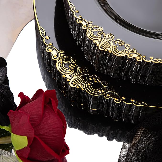 Hioasis 350pcs Black and Gold Plates - Black Party Plates for 50 Guest, Include 100 Heavy-duty Plates(20% Thicker Than Standard), 50 Pre Rolled Gold Plastic Silverware Set, 50 Cups