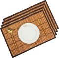 Bamboo Placemats with Fabric Border Set of 4 Natural Bamboo Rectangular Rolling Table Mats for Dining Kitchen Table Heat Resistant Table Protection Brown
