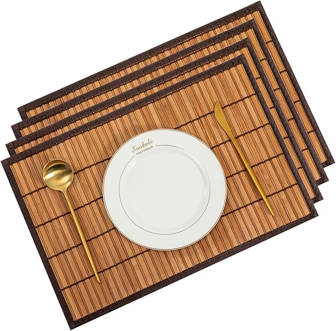 Bamboo Placemats with Fabric Border Set of 4 Natural Bamboo Rectangular Rolling Table Mats for Dining Kitchen Table Heat Resistant Table Protection Brown