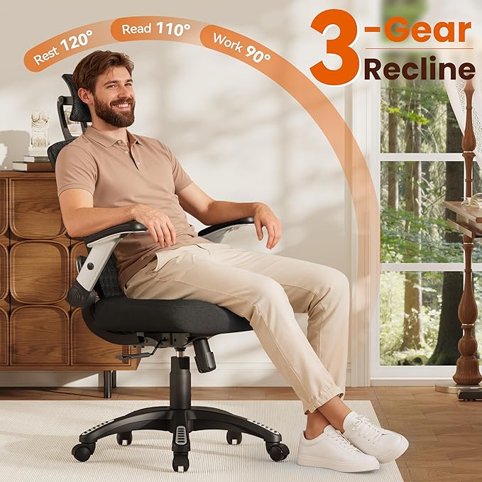 GABRYLLY Ergonomic Office Chair, High Back Home Desk Chair with Flip-Up Arms, 3D Headrest, Thick Sponge Sea &90-120° Recline, Big and Tall Mesh Executive Chairs for Man Woman, Midnight-Cloud
