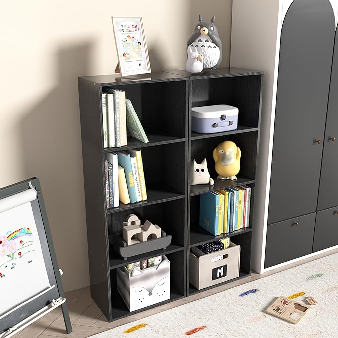 Wooden 4 Cube Storage Organizer, 4 Tier Tall Modern Bookshelf Freestanding Storage Display Organizer, Versatile Cubes Shelf and Cubby Unit for Living Room, Bedroom, Home Office 15.7inch