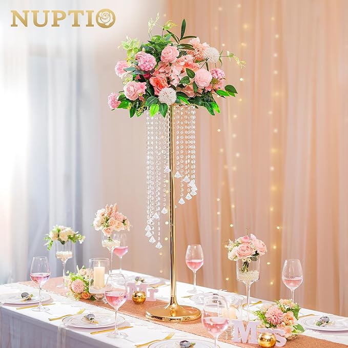 Nuptio Gold Crystal Flower Vases for Weddings, 10 Pcs 35.4in Tall, Elegant Decorations