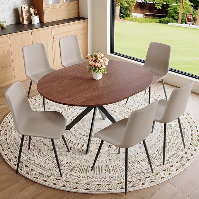 Round Dining Table Set for 6｜42"-54" Extendable Dining Room Table Set｜Wooden Kitchen Table with 6 Chairs｜Mid Century Modern Dinner Table Set with Cross Legs｜Easy Assembly｜Space Saving