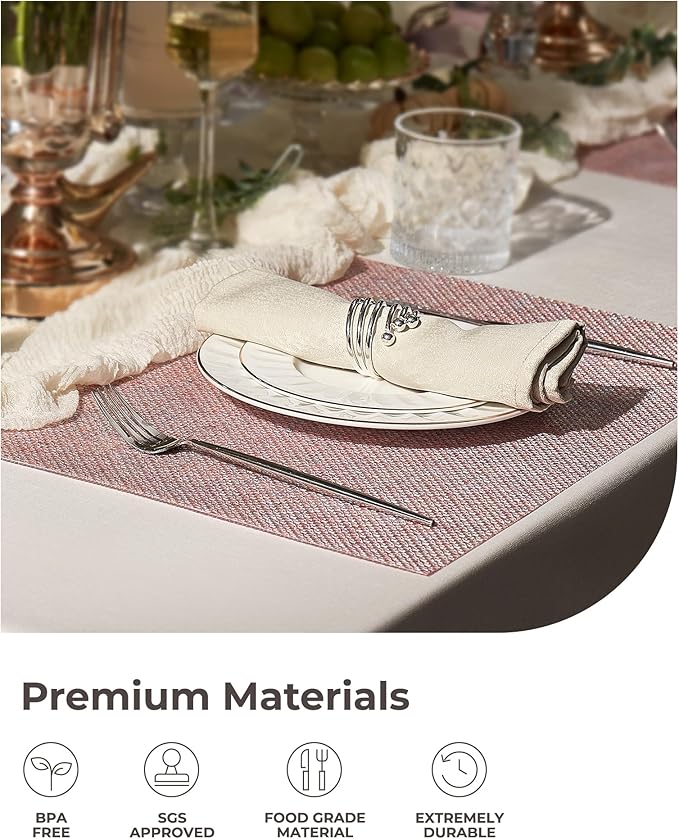 Leetaltree Luxury Pink Iridescent Placemats Set of 6 - Waterproof Washable for Wedding, Anniversary, Festive and Daily Use - Sparkling Table Mats Table Decor - Hand-Cut