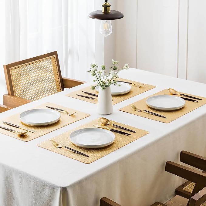 Jovono Faux Leather Placemats Set of 4, Waterproof Washable Table Mats, Easy-Clean Heat Resistant Kitchen Vinyl Place Mat for Dining Table, Wedding, Holidays, Indoor, 17.8"x11.8", Gold