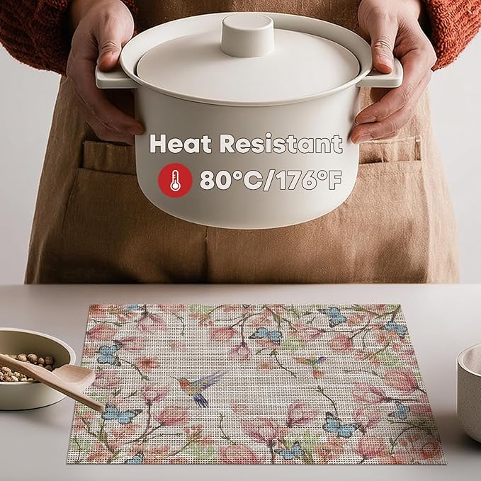 Artoid Mode Birds Flower Butterfly Placemats Set of 4, 12x18 Inch Plastic Woven Wipeable Non-Slip PVC Place Mats for Party Kitchen Dining Decor