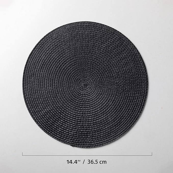 Round Placemats Set of 4 Plastic Woven Placemats Washable Wipeable Table Mats for Dining Table Heat Resistant Non-Slip Circle Place Mats (Black)