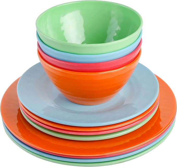 Gibson Home Brist Melamine Plastic Dinnerware Set, Service for Four (12pcs), Assorted II
