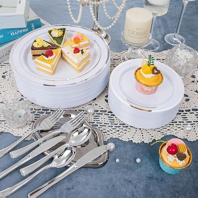 WELLIFE 450 PCS Silver Disposable Dinnerware Set for 75 Guests, Wedding Plates Silver Plastic Plates for Party, Including 75 Dinner Salad Plates, Cups, Forks Knives Spoons for Wedding and Party