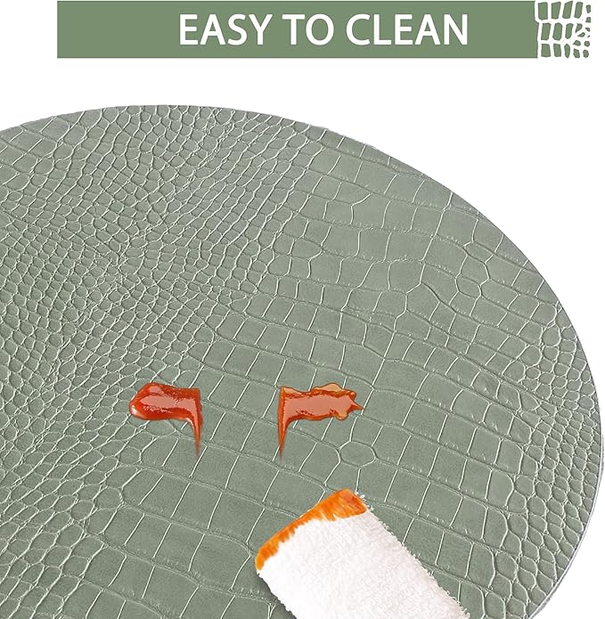 Jovono Round Leather Placemats for Round Tables Set of 6, Green Place Mats and Coasters, Wipeable Waterproof Heat Resistant Table Mats Easy to Care for Indoor Decor 14 inch Diameter