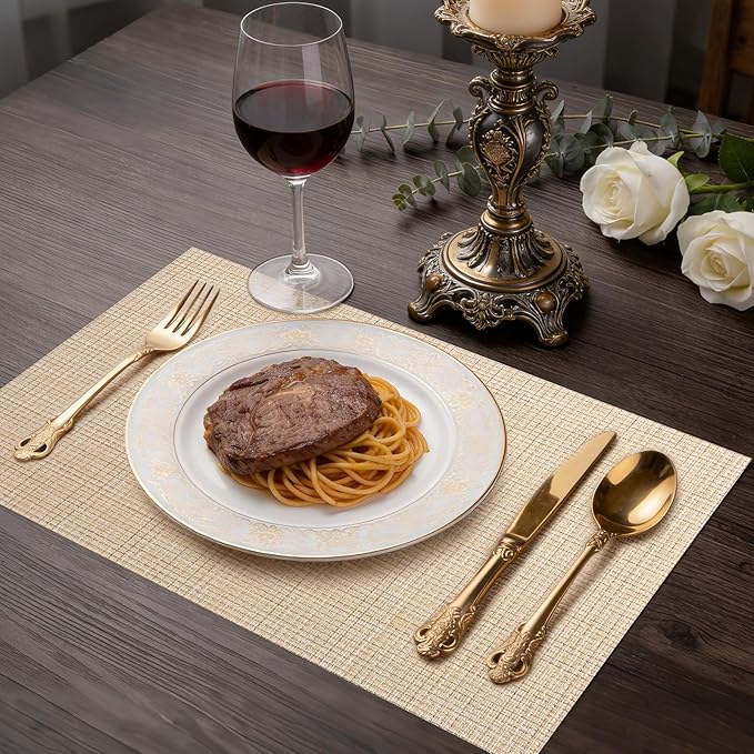 Timeet Placemats Set of 4, Heat Resistant Non-Slip Place Mats for Dining Table, Durable Washable PVC Vinyl Woven Table Mats, Linen Textured Placemats for Kitchen Resistant Easy to Clean(Beige