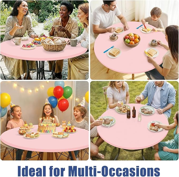 Round Spandex Valentines Day Tablecloth, Elastic Fitted Waterproof Tablecloths for 45"-56" Tables, Stretch Washable Picnic Table Cover for Camping, Dining, Indoor and Outdoor, Pink