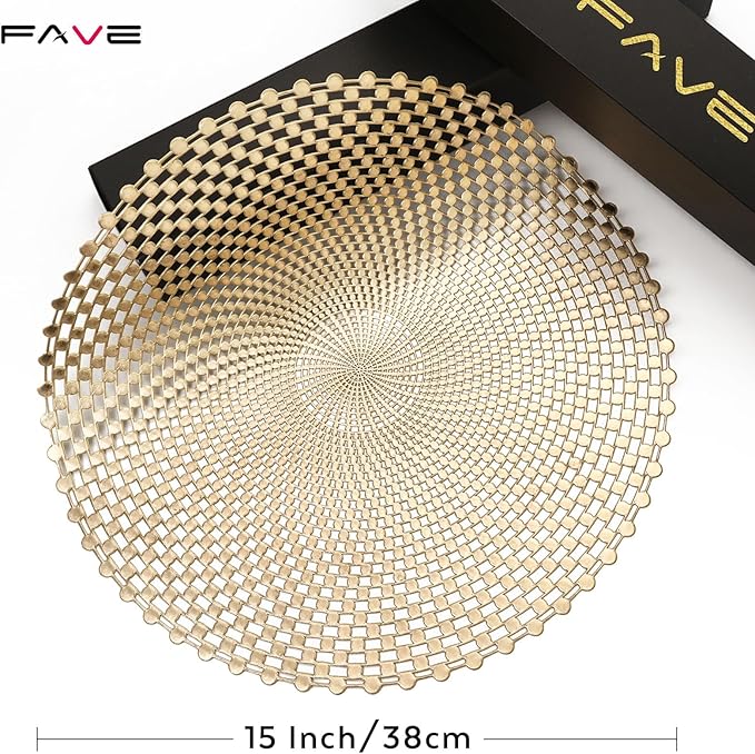 FAVE Set of 6 Gold Vinyl Round Placemats, Washable Spiral Hollow Out for Dining, Events, Home Decor & Daily Use (15 Inch)