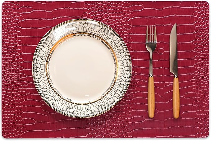 Jovono Faux Leather Placemats Set of 8, Waterproof Heat Resistant Dinner Place Mats for Dining Table, Non-Slip Crocodile Embossed, Red (17.8x11.8 Inch)