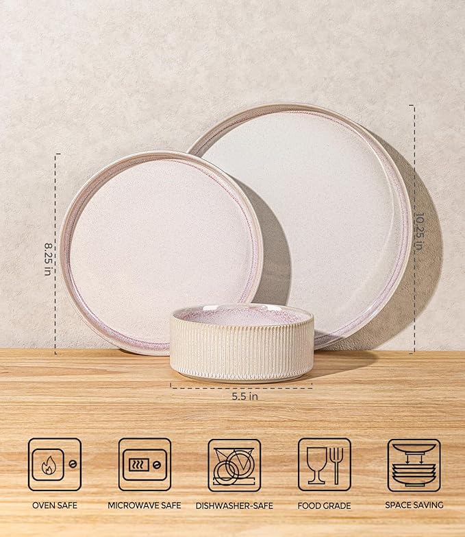 TheTerra Ceramic Dinnerware Sets for 4, 12 Pieces Porcelain Lightweight Plates and Bowls Sets, Scratch Resistant Dish Set, Oven & Microwave & Dishwasher Safe, Primrose Pink