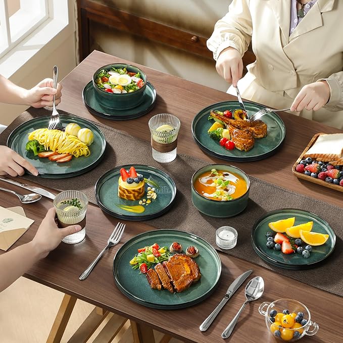 vancasso Starry Plates and Bowls Sets for 8, 24 Pieces Green Dinnerware Sets for Kitchen, Modern Stoneware Dishes Set, Dishwasher and Microwave Safe