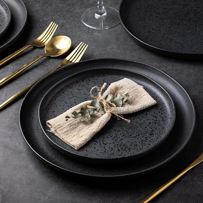 AmorArc Ceramic Dinnerware Sets, Wavy Rim Stoneware Plates and Bowls Sets,Dishwasher & Microwave & Oven Safe Dishes set, Service for 6 (24pc)-Charcoal Matte