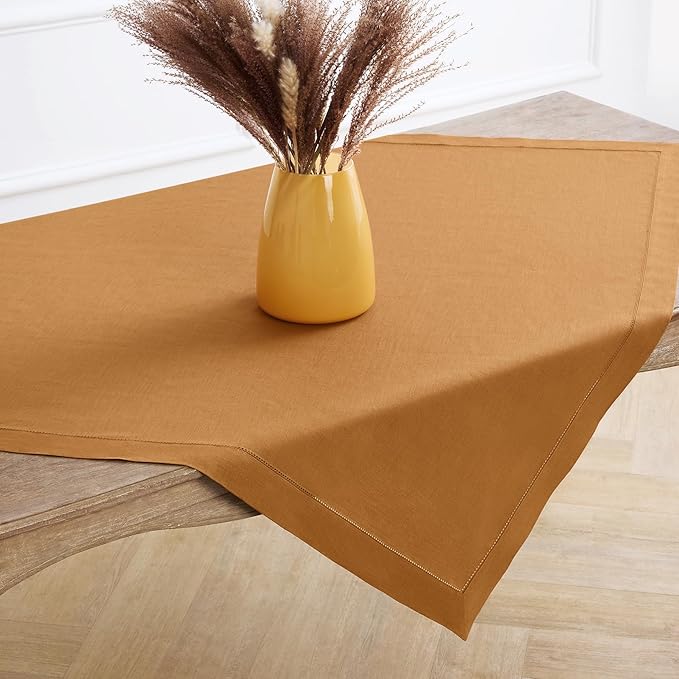 Solino Home Square Linen Tablecloth 52 x 52 Inch - 100% Pure Linen Brown Sugar Table Throw - Classic Hemstitch, Machine Washable Table Cloth