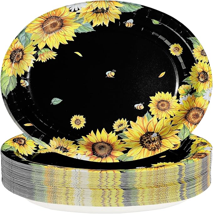 50Pcs Sunflower Bee Paper Oval Paper Plates 10" x 12" Large Disposable Heavy Duty Black Yellow Sunflower Bumble Bee Plates Dessert Platters for Spring Birthday Bridal Baby Shower Party Decorations