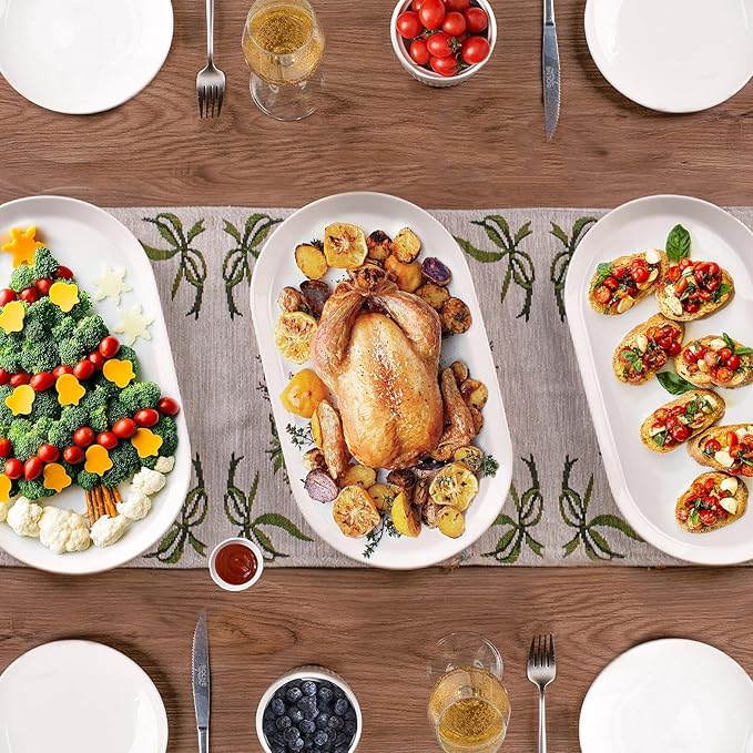 14" Oval Serving Platter - Ceramic Large Serving Platters, Oval Serving Plates For Entertaining, Party Serving Trays Oven Safe, Set of 3, White