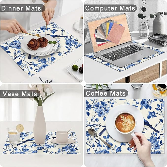 Flower Bird Placemats Set of 4, Blue Birds Place Mats,Blue and White Floral Waterproof Washable Table Mats for Home Party Indoor Kitchen Dining Table Decoration 12x18 Inch