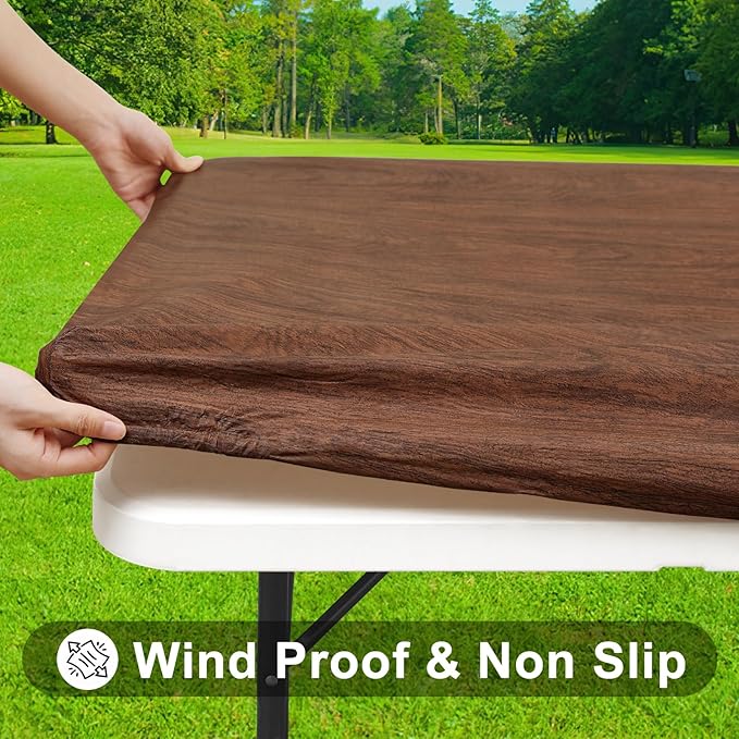 Smiry Rectangle Table Cloth Cover, Waterproof Elastic Fitted Picnic Tablecloth for 6 Foot Tables, Wipeable Flannel Backed Vinyl Tablecloths for Camping, Dining, Outdoor (Brown, 30" x 72")