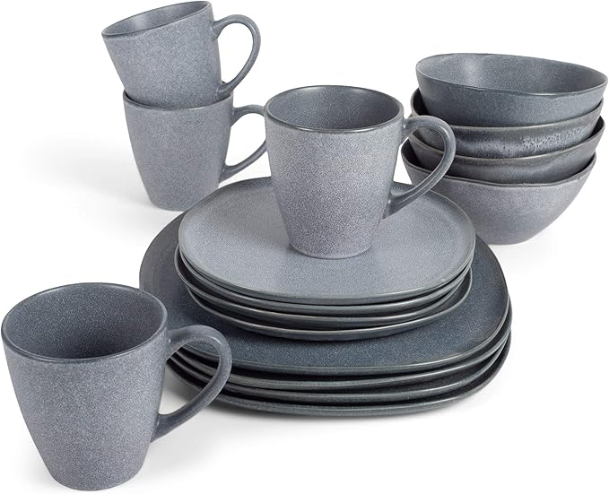 Elanze Designs 16-Piece Modern Luxury Chic Smooth Vintage Handmade Shape Matte Finish Ceramic Stoneware Square Plate Mug & Bowl Kitchen Dinnerware 16 Piece Set - Service for 4, Slate Grey