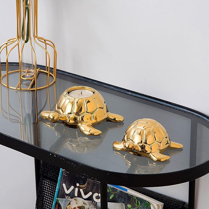 Golden Turtle Statue, Ceramic Turtle Ornament for Home Decor - Gold Tabletop Decoration, Collectible Decor for Elderly, Turtle Sculpture for Bookshelf, Desk, Nightstand
