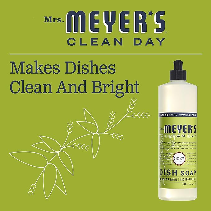 Mrs. MEYER'S Clean Day Liquid Dish Soap, Cruelty Free and Non-Toxic, Lemon Verbena Scent, 16 oz- Pack of 6