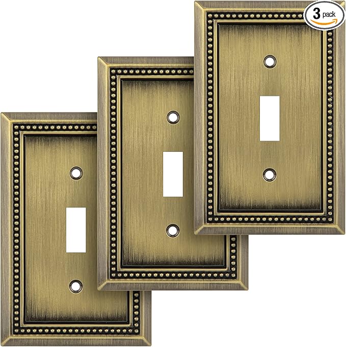 Henne Bery Sunken Pearls Heavy Duty Decorative Wall Plate Switch Plate Outlet Cover (Single Toggle, 3 Pack, Antique Brass)