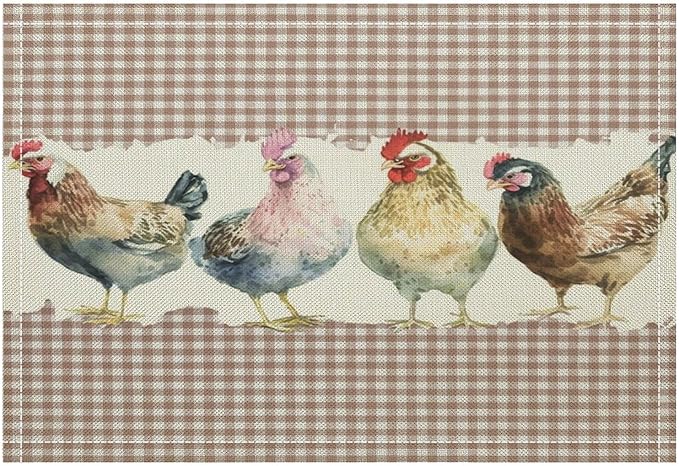 Rustic Rooster Placemat Set, Vintage Boho Farmhouse Colorful Watertcolor Chicken Pink Plaid Pattern Home Decor Table Mats for Dining Room Kitchen Party (17x12in) x2P