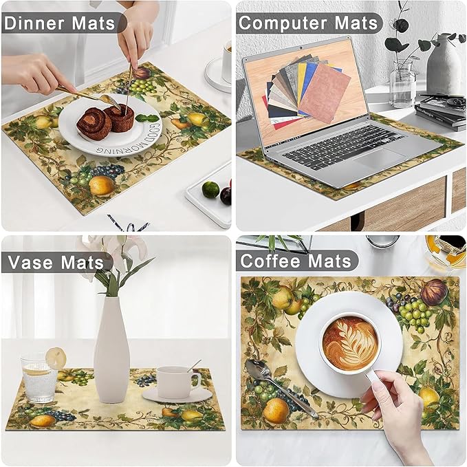 Fruit Placemats Set of 6, Fruits Grape Table Mats, Washable Place Mats for Home Party Indoor Kitchen Dining Table Decoration 12x18 Inch