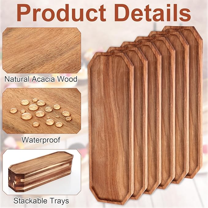 Dandat 12 Pack Wooden Serving Platter Acacia Wood Platters 16 x 5 Inch Rustic Serving Tray Rectangular Charcuterie Board Cheese Plate for Home Decor Dessert Vegetables Fruit Cookie