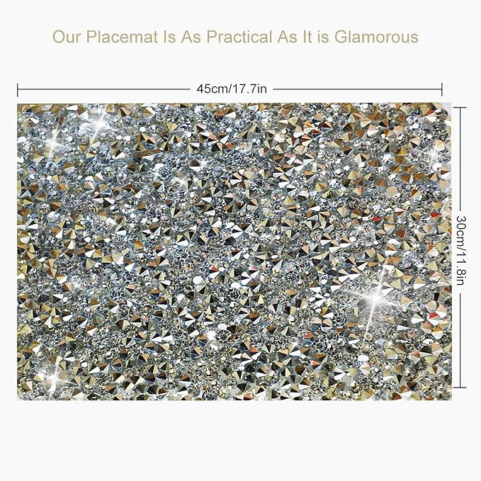 Silver Heat Resistant Square Placemats - Set of 4 with Rhinestone Decor and Sparkly Bling