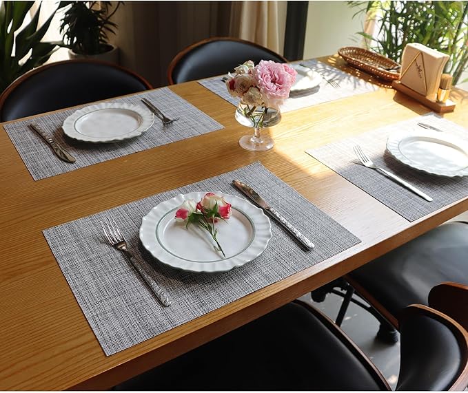 Placemats Set of 4,Heat Resistant Non-Slip Table Mats,Place mats for Dining Table,Washable Durable PVC Vinyl Woven Placemat（Light Gray）