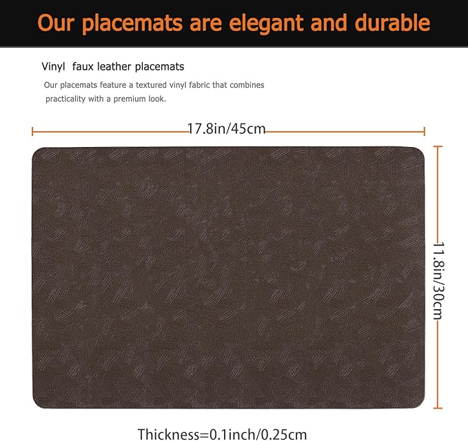 Vinyl Placemats Set of 4 Faux Leather 100% Waterproof Wipeable Washable Place Mats Heat Resistant Easy Clean Non-Slip Table Mats for Indoor Outdoor. (4,Coffee)