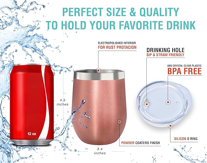 CHILLOUT LIFE 12 oz Stainless Steel Wine Tumblers 4 Pack - Double Wall Vacuum Insulated Wine Glasses Cups with Lids and Straws Set Keeping Cold & Hot for Coffee, Beer, Ice Cream - Rose Gold